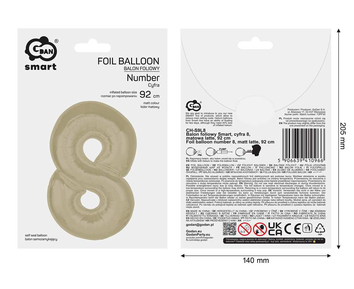 Foil balloon number 8, matt latte, 92 cm EOL